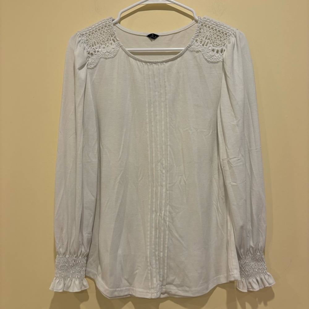 Micoson White Lace Shoulder Long Sleeve Blouse - Small